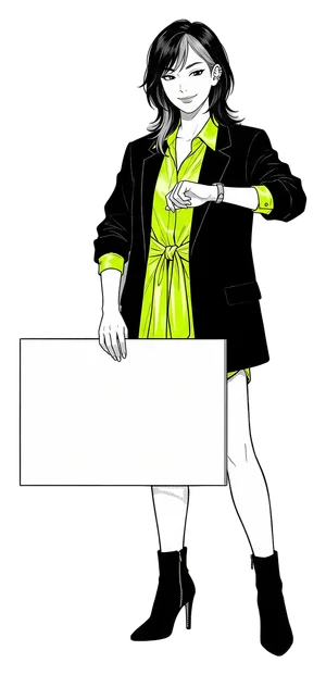 Mika Tanabe, the drawn manga host of this guide, holding a board that reads: Open 24 hours a day