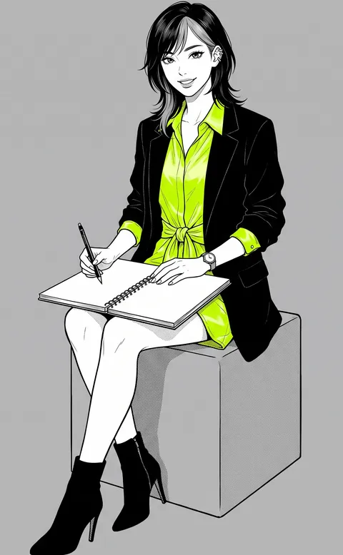 Mika Tanabe, the drawn manga host of this guide, sitting on a stool with an open sketchbook whose pages are blank
