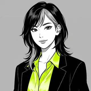 Mika Tanabe, the drawn manga host of this guide: a black wolf cut with one ash-silver streak, silver ear cuffs and a chartreuse shirt dress under a black blazer