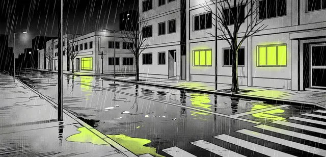 Manga panel of a rainy city street at night, wet asphalt reflecting chartreuse windows and a pedestrian crossing