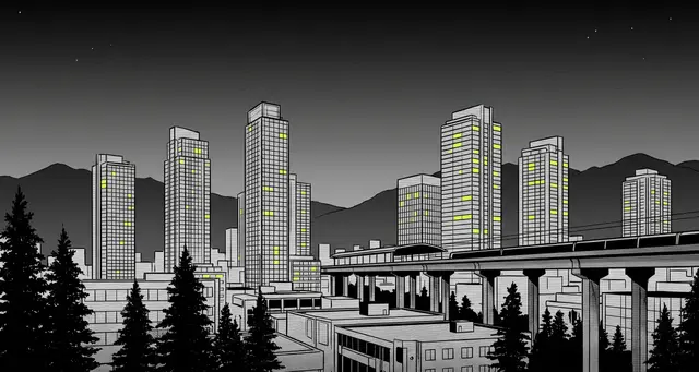 Manga panel of a night skyline: slim towers with a few chartreuse windows, an elevated rail line on pillars and dark conifers in front